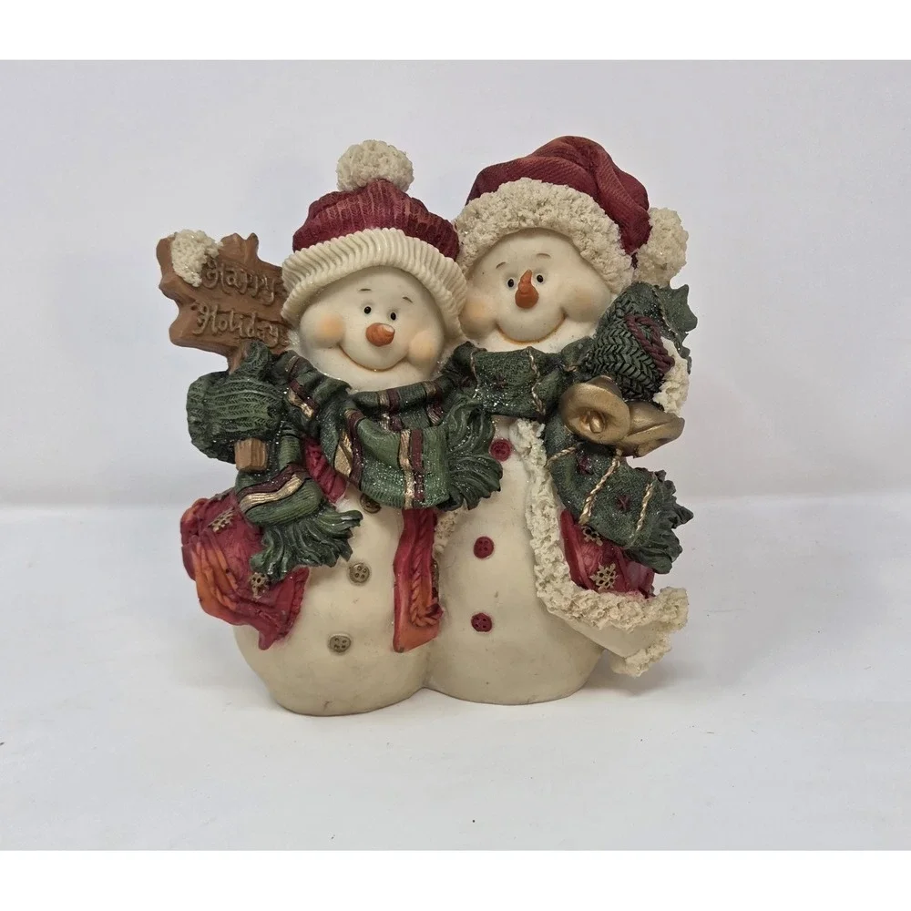Resin Snowmen Duo Figurine Happy Holiday Sign Bells Christmas Decor 7